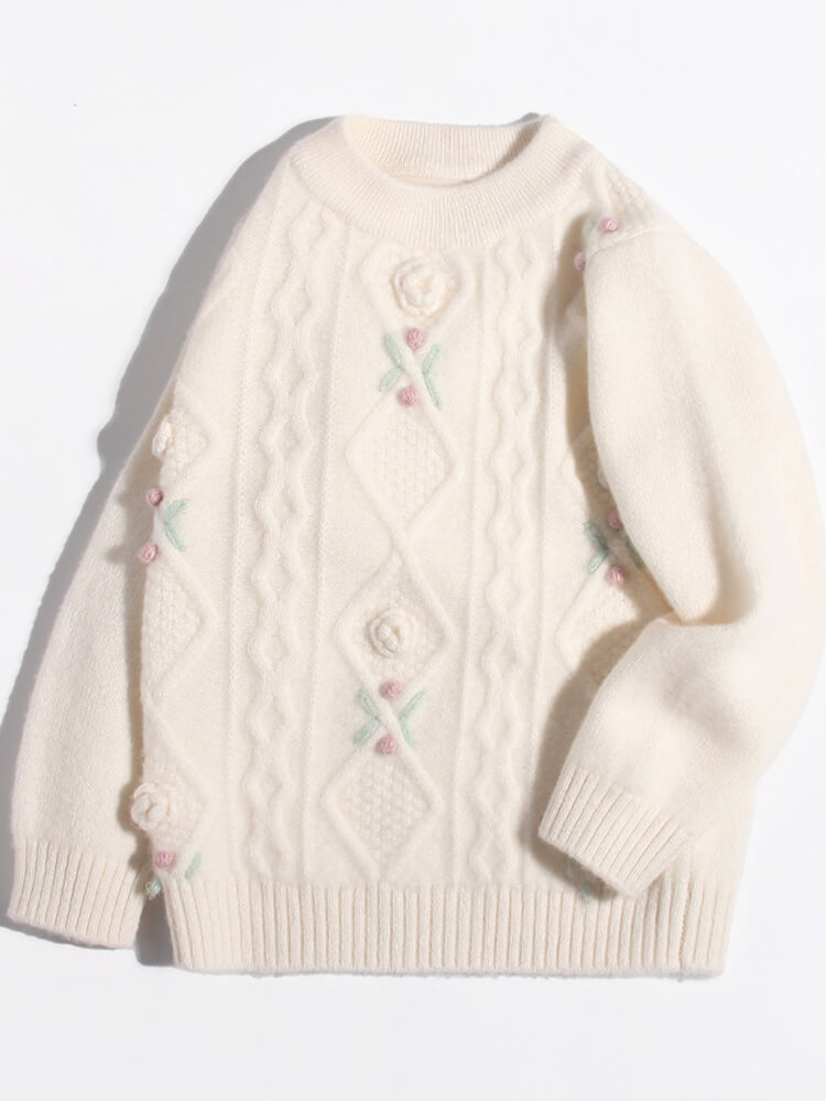 Girls Ivory 3D Floral Embroidery Cable Knit Cashmere Sweater